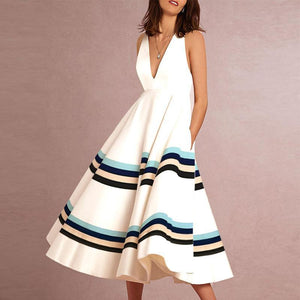 Sexy V-Neck Printed Stripe Sleeveless Formal Skater Dress