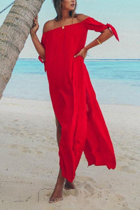 Off Shoulder  High Slit  Plain  Short Sleeve Maxi Dresses