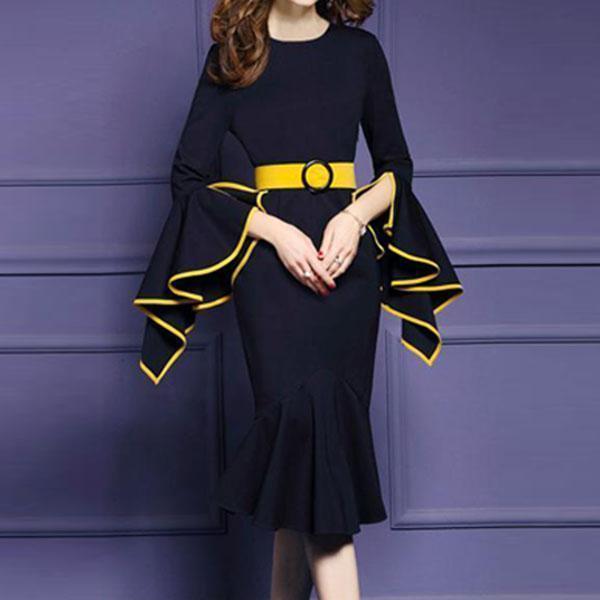 Crew Neck  Plain Bodycon Dress Trumpet Sleeves