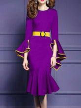 Load image into Gallery viewer, Crew Neck  Plain Bodycon Dress Trumpet Sleeves