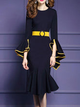 Load image into Gallery viewer, Crew Neck  Plain Bodycon Dress Trumpet Sleeves