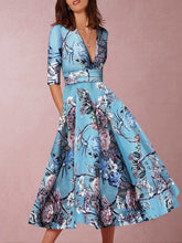 Load image into Gallery viewer, Sexy Lake Blue Half Sleeves Floral Print Skater Dress