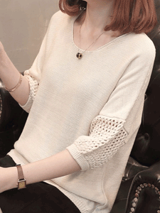 Round Neck  Cutout  Patchwork Plain Pullover