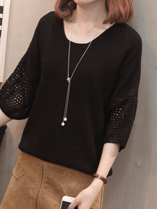 Round Neck  Cutout  Patchwork Plain Pullover