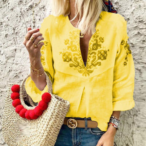 V Neck Printed Ruffles Casual Blouse