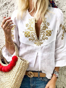 V Neck Printed Ruffles Casual Blouse