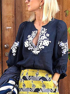 V Neck Printed Ruffles Casual Blouse