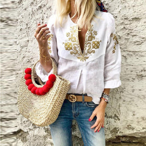 V Neck Printed Ruffles Casual Blouse