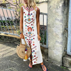 Cotton/Line Casual V-Neck Vintage Printed Boho Dress