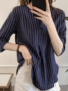 V Neck  Stripes Blouses