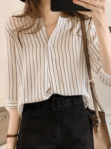 V Neck  Stripes Blouses