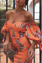 Load image into Gallery viewer, Sexy Orange Red Off Shoulder Floral Print Bodycon Dress
