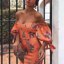 Load image into Gallery viewer, Sexy Orange Red Off Shoulder Floral Print Bodycon Dress