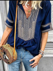 Ethnic Style Striped V-Neck Casual T-Shirt