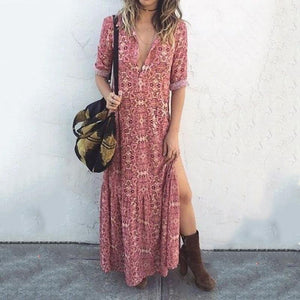 Sexy V Neck Floral Printed Side Split Vacation Maxi Dress