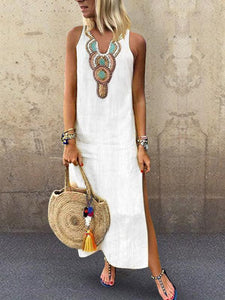 Sexy Side Split V Neck  Printed Sleeveless Casual Dresses