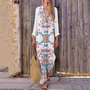 Bohemian Printed Stretch Cotton/Line V-Neck Dress