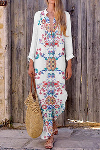 Bohemian Printed Stretch Cotton/Line V-Neck Dress