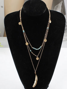 Layered Turquoise Embellished Leaf Feather Necklace