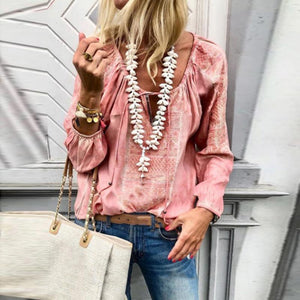 Lace Up Fashion V Neck  Long Sleeve Blouses