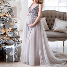 Load image into Gallery viewer, Maternity V-Neck Maxi Tulle Gown With Tonal Delicate Sequins