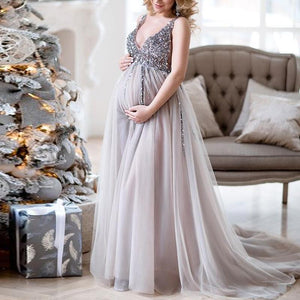 Maternity V-Neck Maxi Tulle Gown With Tonal Delicate Sequins