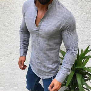 Fashion Masculine Plain V Button Collar Long Sleeve Shirt Top