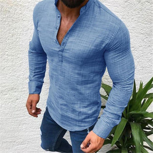 Fashion Masculine Plain V Button Collar Long Sleeve Shirt Top