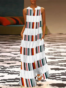 Fashion V Neck Colorful Striped Casual Maxi Dress