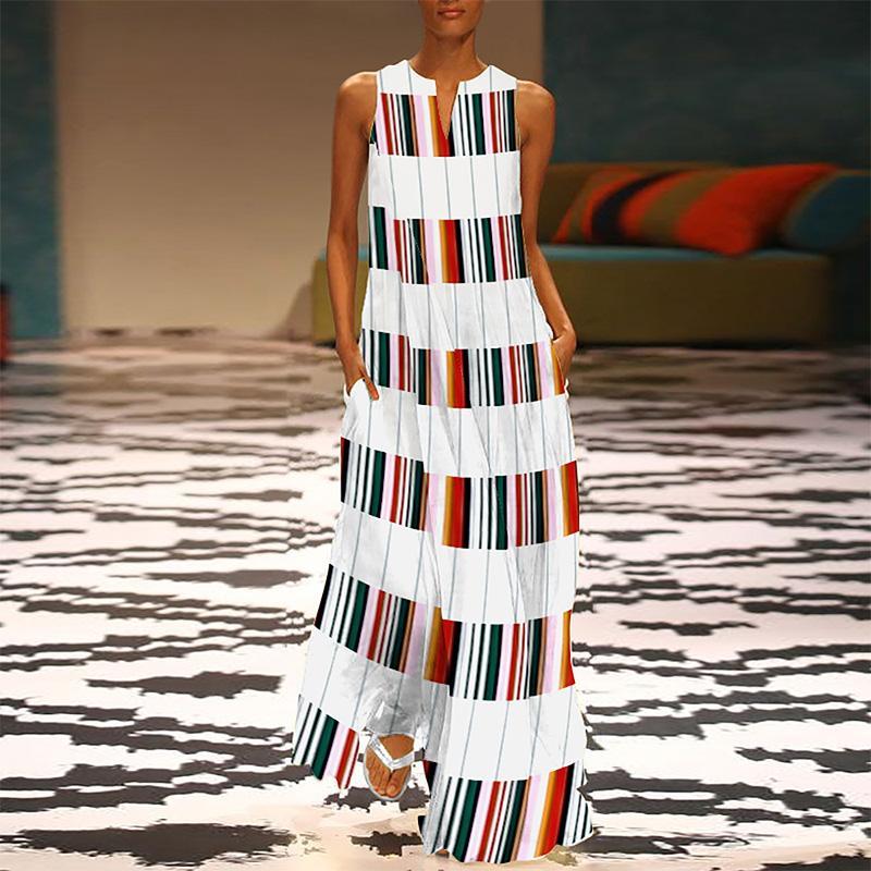 Fashion V Neck Colorful Striped Casual Maxi Dress