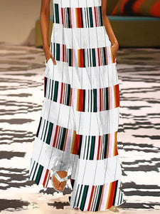 Fashion V Neck Colorful Striped Casual Maxi Dress