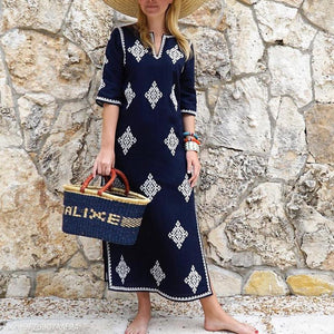 Fashion Half Sleeves Embroidered Maxi Vacation Casual Dress