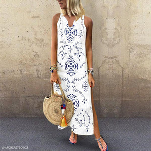 Casual V Collar Floral Printed Loose Maxi Dress