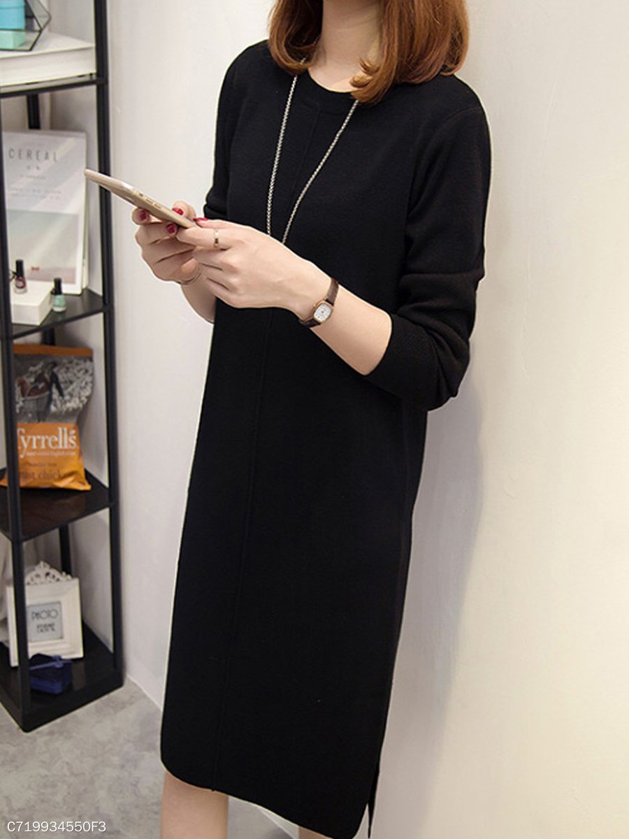 Round Neck  Slit  Plain Shift Dress