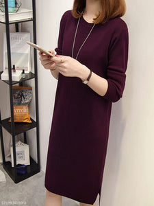 Round Neck  Slit  Plain Shift Dress