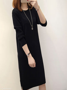 Round Neck  Slit  Plain Shift Dress