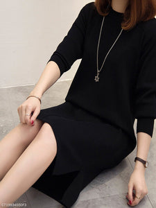 Round Neck  Slit  Plain Shift Dress