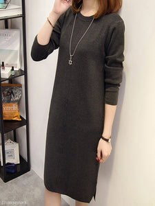 Round Neck  Slit  Plain Shift Dress