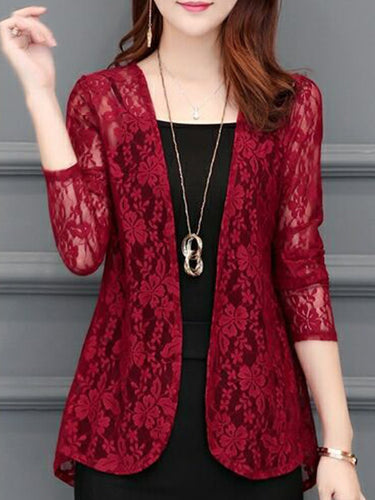 See-Through  Floral Plain  Long Sleeve Cardigans