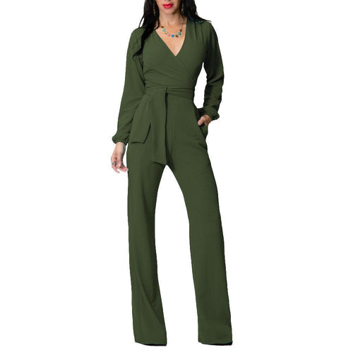 Fashion V Neck Trim Body With Long Sleeve Solid Color Jumpsuit