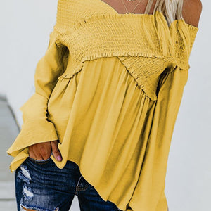 Elastic Off Shoulder Long Flare Sleeve Plain Pleated Loose T-Shirts