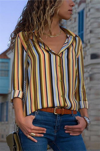 Casual Striped Long-Sleeved V-Collar Chiffon Shirt