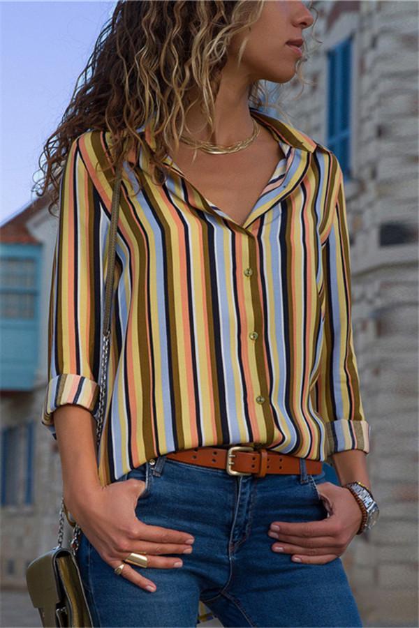 Casual Striped Long-Sleeved V-Collar Chiffon Shirt