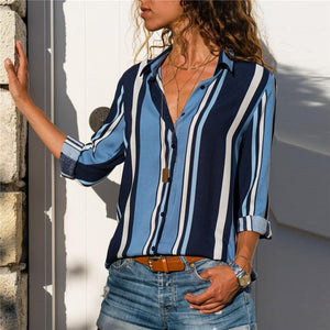 Casual Striped Long-Sleeved V-Collar Chiffon Shirt