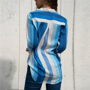 Casual Striped Long-Sleeved V-Collar Chiffon Shirt