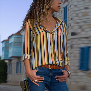 Casual Striped Long-Sleeved V-Collar Chiffon Shirt