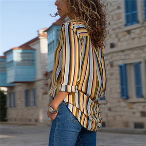 Casual Striped Long-Sleeved V-Collar Chiffon Shirt