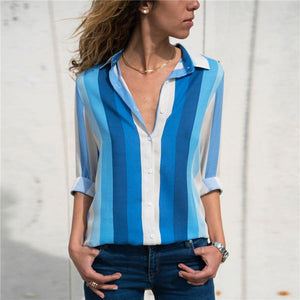 Casual Striped Long-Sleeved V-Collar Chiffon Shirt