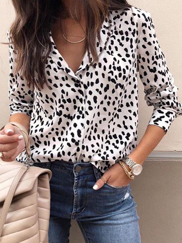 Turn Down Collar  Leopard  Blouses