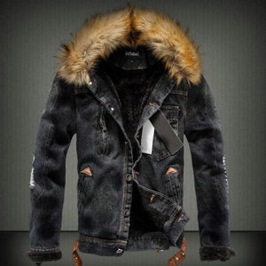 Men Faux Fur Hooded Button Denim Jacket